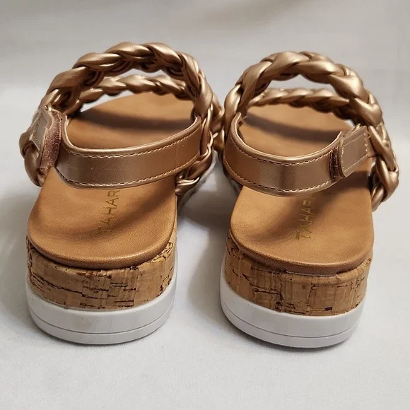 Tahari Gold Open Toe Rope Velcro Closure Cork Heel Summer sandals (girls size 3)